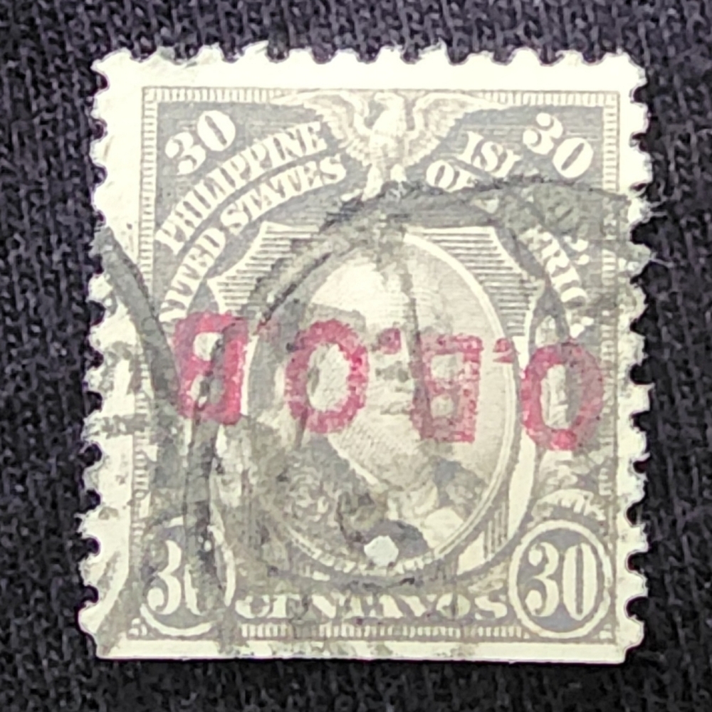 Vintage Philippine Islands 30 Centavos Stamp Hand Stamped OB.OB.